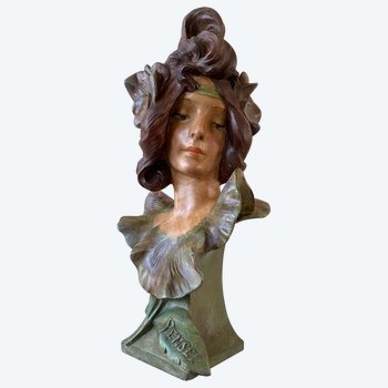 " Gedanke". Jugendstil-Skulptur. Büste der Blumenfrau. XIX.Julien Caussé. Polychromer Spelter.