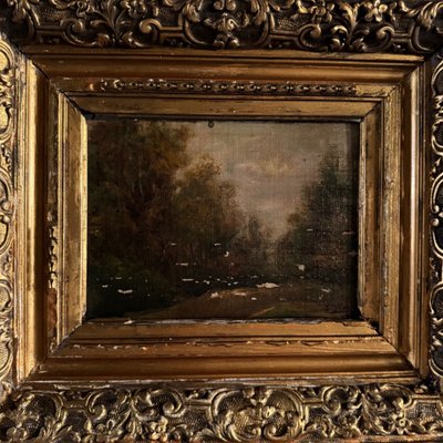 Oil on canvas pasted on panel Barbizon 19th century gilded frame