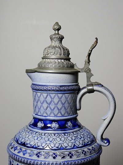 Large stoneware beer pitcher glazed with salt and pewter Germany Westerwald type