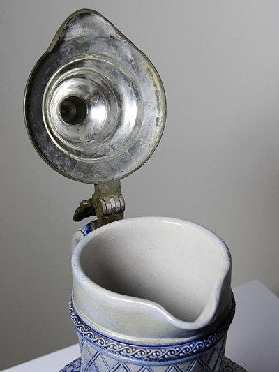 Large stoneware beer pitcher glazed with salt and pewter Germany Westerwald type