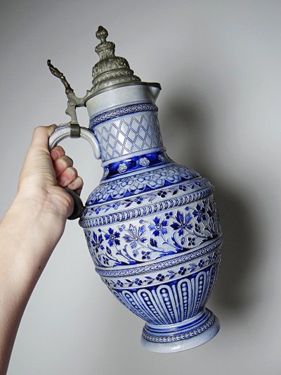 Large stoneware beer pitcher glazed with salt and pewter Germany Westerwald type