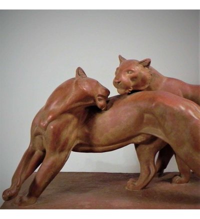 Statue de panthères en terre cuite par René Rochard (1906 -1984)