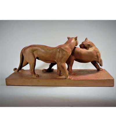 Statue de panthères en terre cuite par René Rochard (1906 -1984)