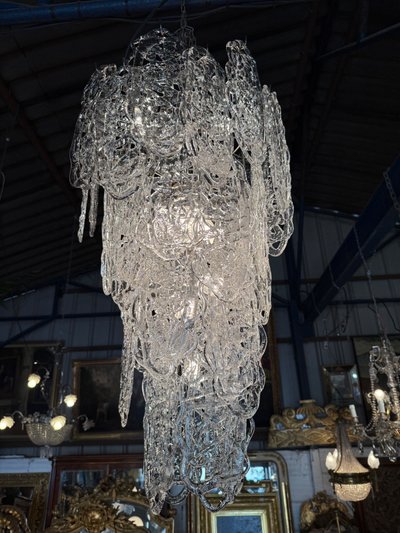 Wichtiger italienischer Kronleuchter aus transparentem Glas, Murano um 1970, Modell "Ragnatela" von mazzega