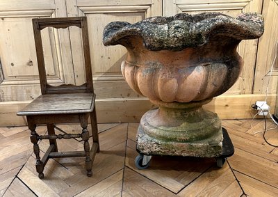 Monumental pair of terracotta planters or orange tree pots with cement base.