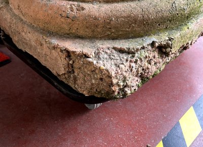 Monumental pair of terracotta planters or orange tree pots with cement base.