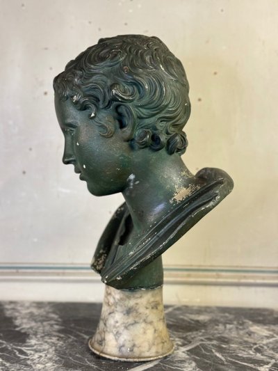 Jeune garçon, Buste En Plâtre Patine Verte, Vers 1900