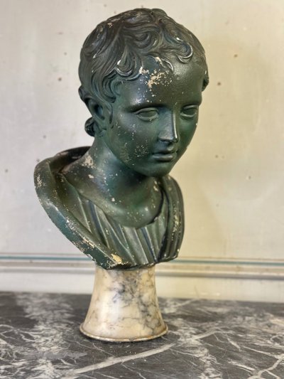 Jeune garçon, Buste En Plâtre Patine Verte, Vers 1900