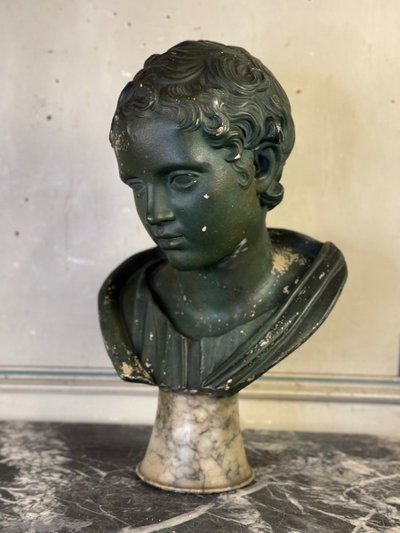 Jeune garçon, Buste En Plâtre Patine Verte, Vers 1900