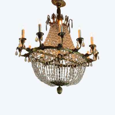 Oval-shaped beaded and bronze chandelier, circa 1900