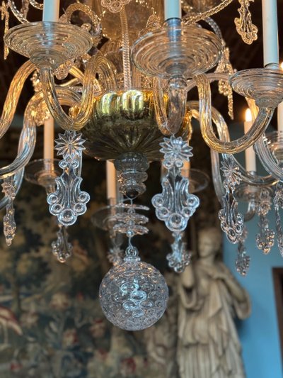 Liège chandelier in blown glass, two tiers of light arms, 18th century