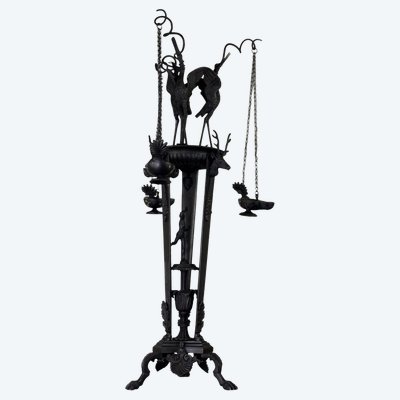 Trépied Aux Hérons Porte Lampes à Huile, Objet Grand Tour, Bronze, Italie XIXéme siècle