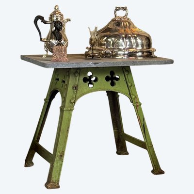 Table Industrielle En Métal Dans L’esprit Eiffel, Peinture Usée Verte D’origine, vers 1900