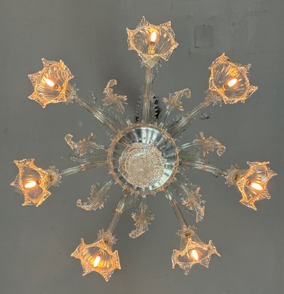 Venezianischer Kronleuchter aus farblosem Muranoglas, 7-armig, um 1930