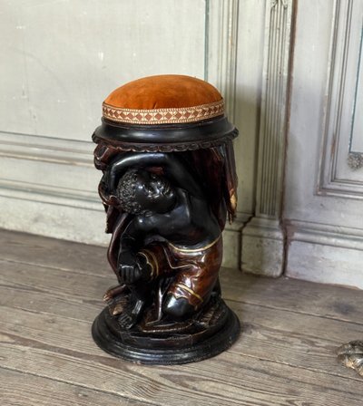 Pair of stools with Nubian figures, polychrome sculptures, Venice circa 1880