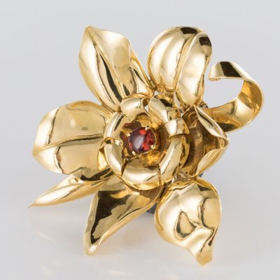Broche Fleur En Or Et Grenat Orange Cabochon