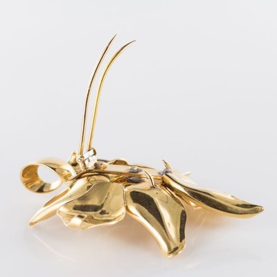 Broche Fleur En Or Et Grenat Orange Cabochon