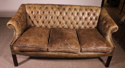 chesterfield 3 places en cuir vert olive clair