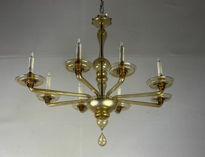 Venezianischer Kronleuchter aus vergoldetem Muranoglas, Venini um 1920