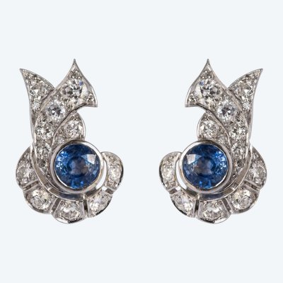 Boucles d'Oreilles Art Déco Saphir Diamants