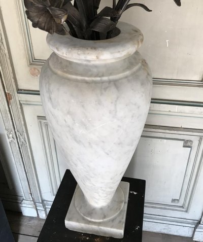 Pair of Carrara Marble Vases, Bronze Flower Bouquet