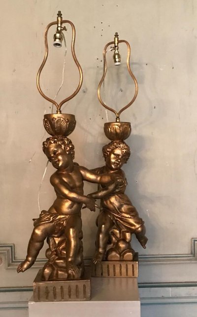Two Children in Gilded Carved Wood, Table Lamps