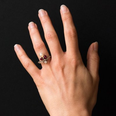 Bague Ancienne Duchesse Rubis Diamants Et Perle Fine