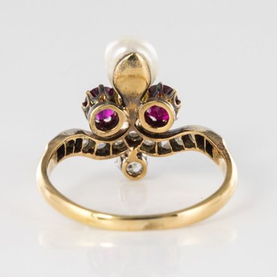 Bague Ancienne Duchesse Rubis Diamants Et Perle Fine