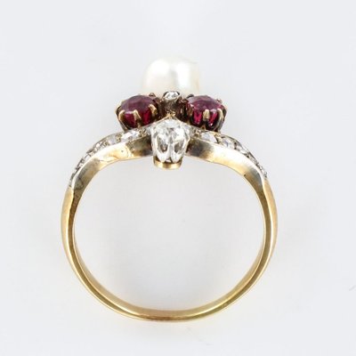 Bague Ancienne Duchesse Rubis Diamants Et Perle Fine
