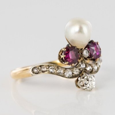 Bague Ancienne Duchesse Rubis Diamants Et Perle Fine