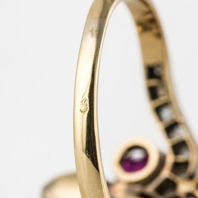 Bague Ancienne Duchesse Rubis Diamants Et Perle Fine