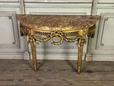 Console Louis XVI en bois sculpté et doré marbre brocatelle du Jura, XVIIIème siècle