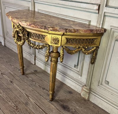 Console Louis XVI en bois sculpté et doré marbre brocatelle du Jura, XVIIIème siècle