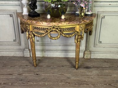 Console Louis XVI en bois sculpté et doré marbre brocatelle du Jura, XVIIIème siècle