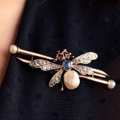 Broche Ancienne Insecte Perle Fine Saphir Et Diamants