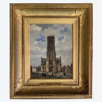 Huile Sur Panneau, Vue De La Cathédrale Saint-bavon De Gand, F. Boulanger