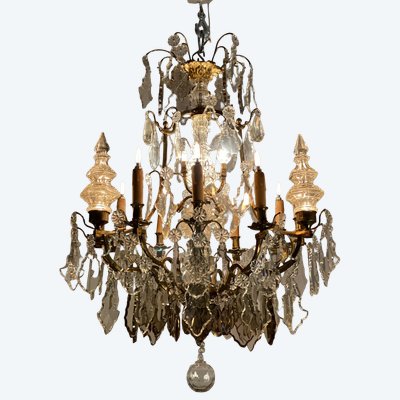 Lustre En Bronze Doré Garni De Pampilles Transparentes Et Mordorées