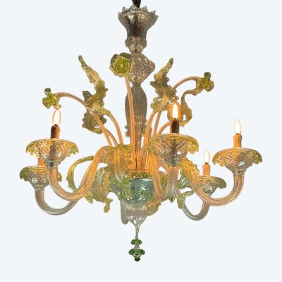 Lustre vénitien en verre de Murano incolore et vert, 6 bras de lumière vers 1940