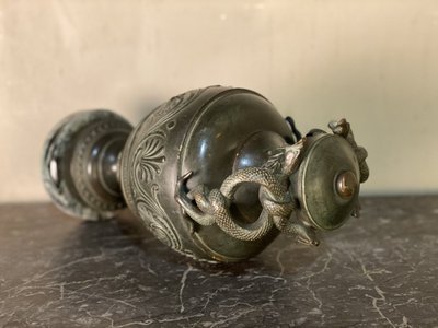 Green Patina Bronze Snake Vase In Antique Style