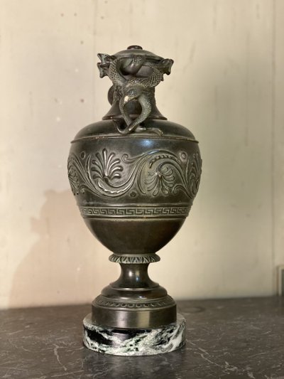 Green Patina Bronze Snake Vase In Antique Style