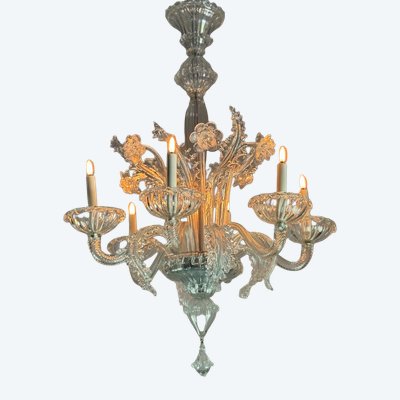 Lustre vénitien en verre de Murano incolore, 6 bras de lumière, vers 1940