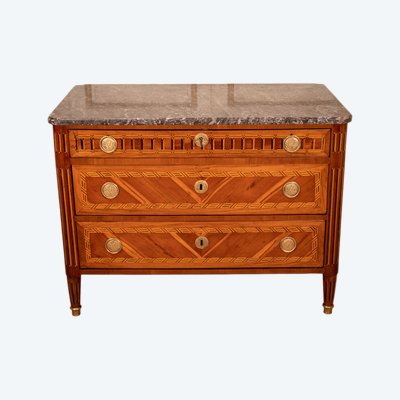 Louis XVI period chest of drawers in plum and walnut