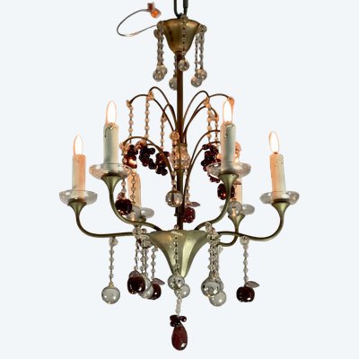 Lustre En Bronze Argenté Garni De Pampilles, Fruits Et Boules