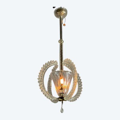 Lustre Ou Lanterne Vénitienne En Verre De Murano Incolore Vers 1940