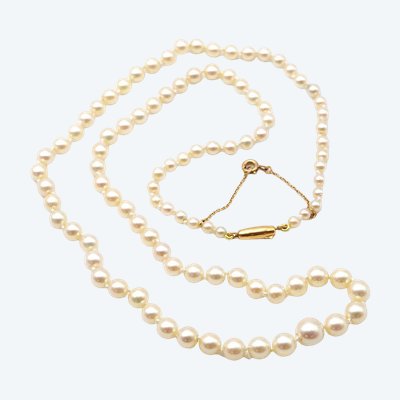 Edwardian cultured pearls necklace, 18k gold clasp, French one strand necklace, cultured pearls 