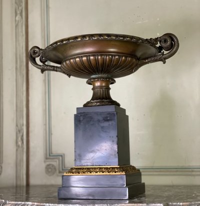 Bronze Cup with Brown Patina on a Black Belgian Marble Base