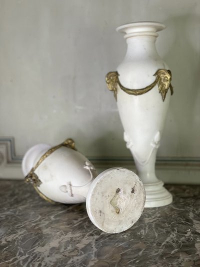 Pair Of White Statuary Marble Vases, Gilt Bronze, Circa 1900
