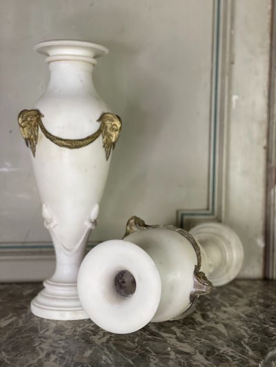 Pair Of White Statuary Marble Vases, Gilt Bronze, Circa 1900