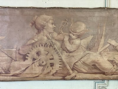 Allegorie, Öl Auf Leinwand, Trompe L'oeil à L'imitation De Sanguine XIX Jahrhundert