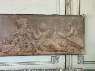 Allegorie, Öl Auf Leinwand, Trompe L'oeil à L'imitation De Sanguine XIX Jahrhundert